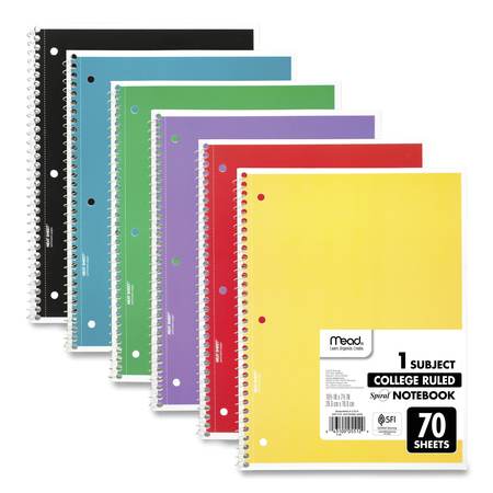 Mead Spiral Notebook, 1 Sub, Medium/College, Assorted, 10.5x8, 70 Shts, PK6 73065
